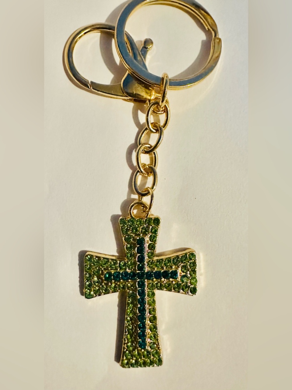 Gold-Tone Green Crystal Cross Keychain/Bagcharm